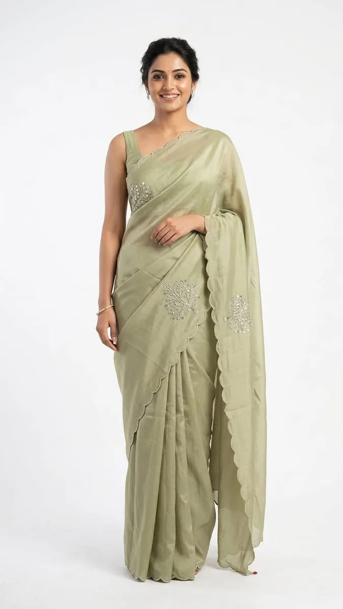 Premium satin silk with border pearl work ready to wear