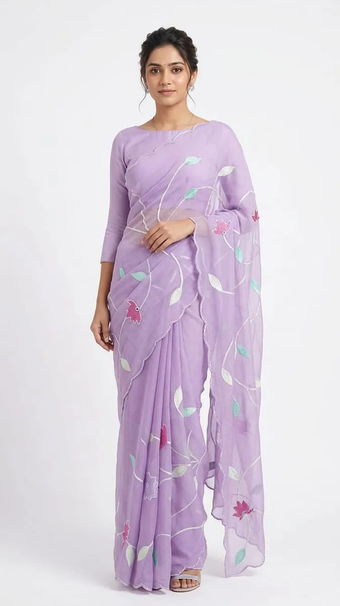 Chiffon hand painted saree with pearl border ready to wear