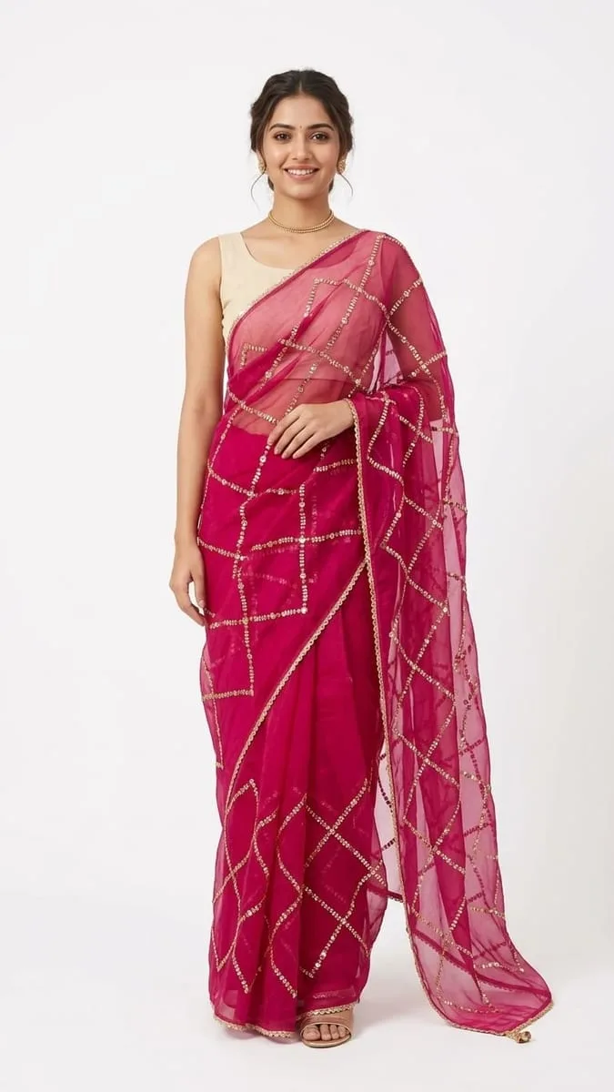 Classic Chiffon saree with checks work ready to wear