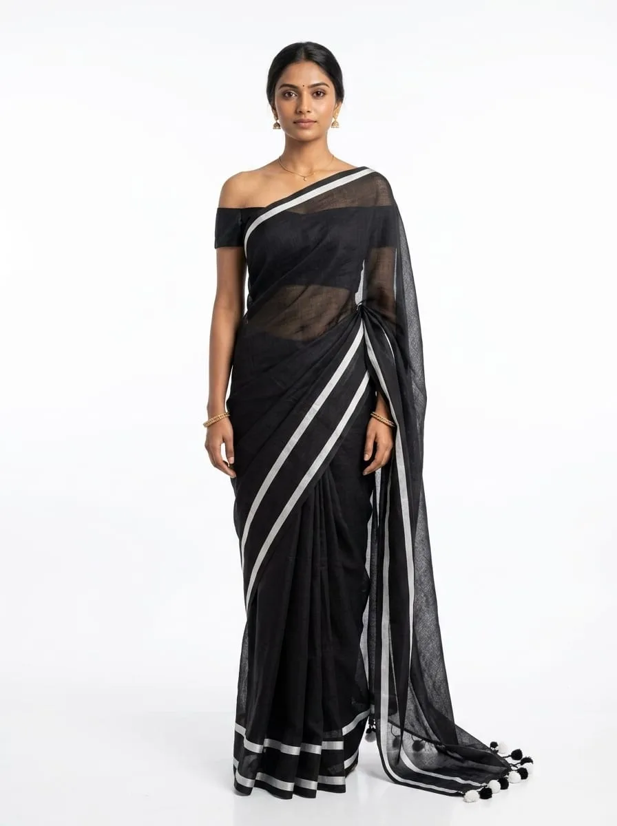 Rich mul cotton 1 side double stripes ready to wear saree