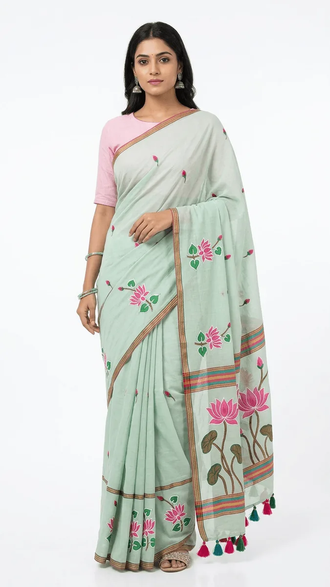 Mul cotton embroidered saree ready towearwithfallpico