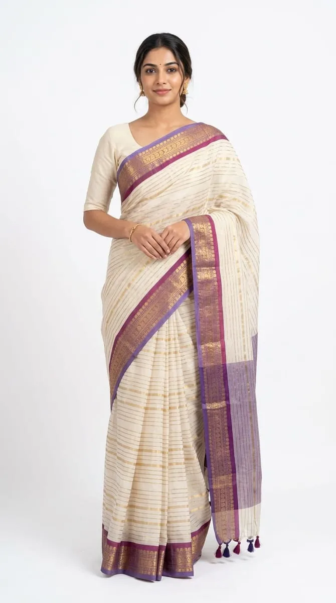 Mul cotton gold zari purple border saree ready to wear
