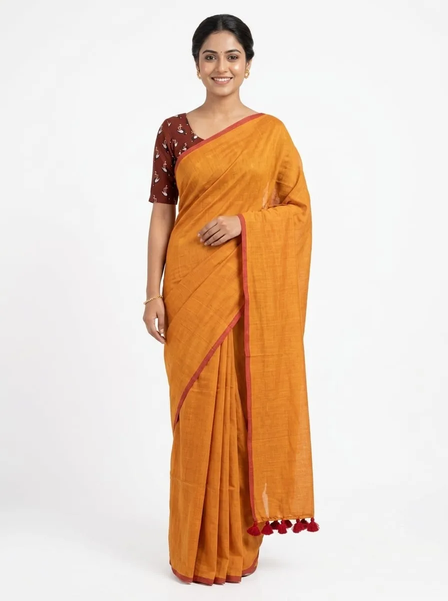 Royal khadi cotton saree with printed blouse ready to wear