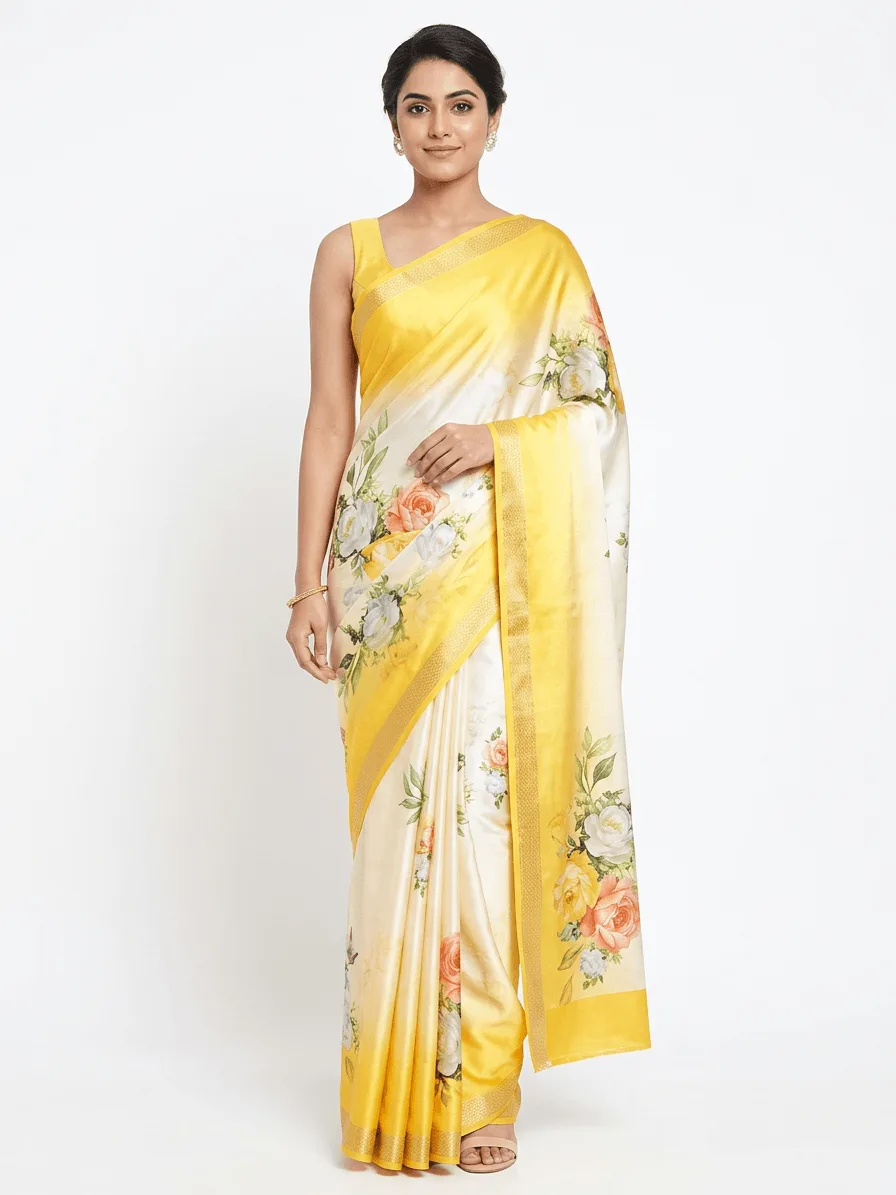 Premium satin silk printed floral saree ready to wear