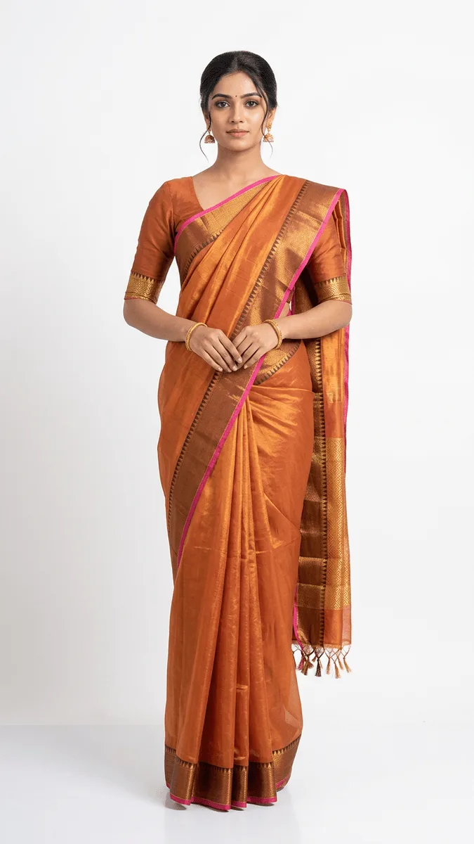 Metallic silk temple boarder ready to wear saree